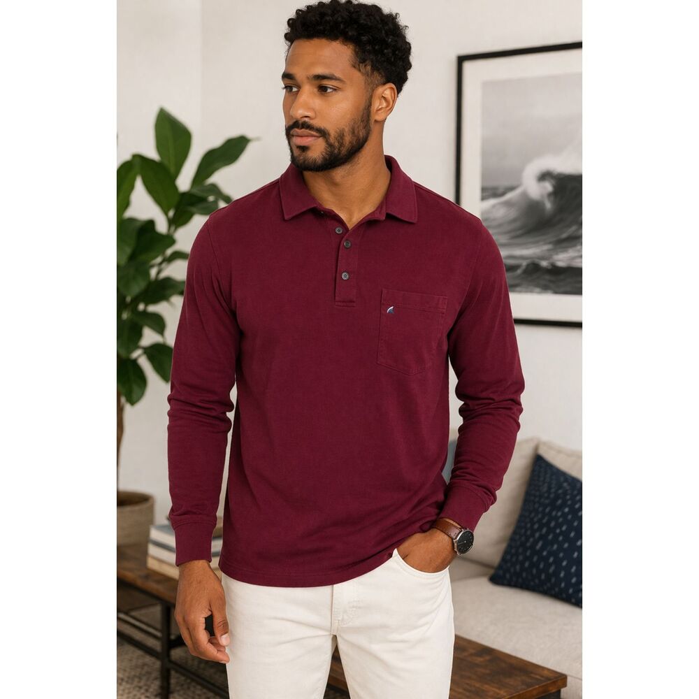 Tailor Vintage Burgundy Long Sleeve Polo Shirt Men’s Large Stretch Cotton